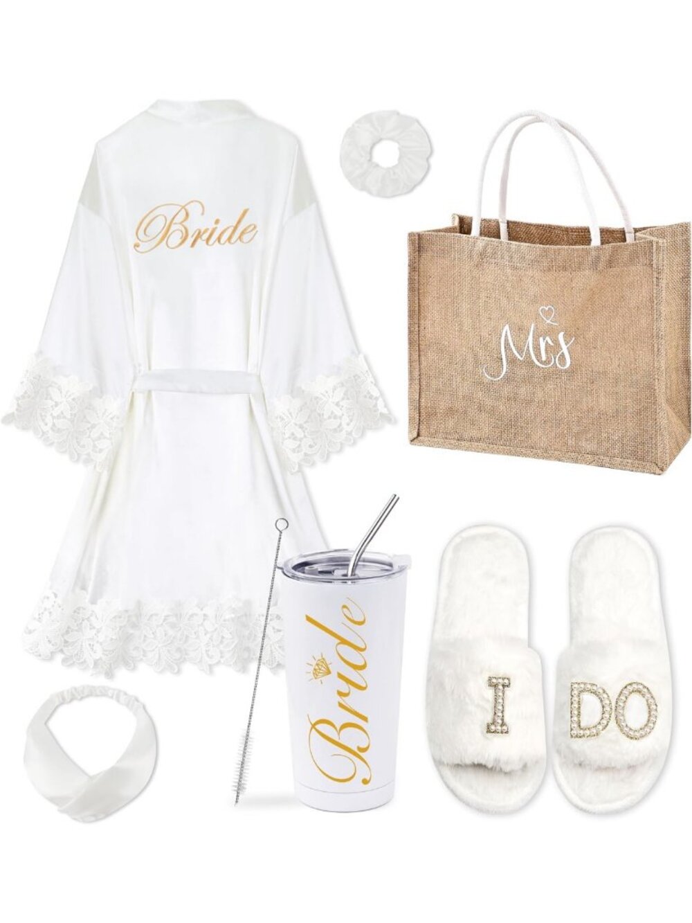 Bridal Robe Set with Slippers & Tote - 6 Pcs Lace Trim Wedding Day Essentials